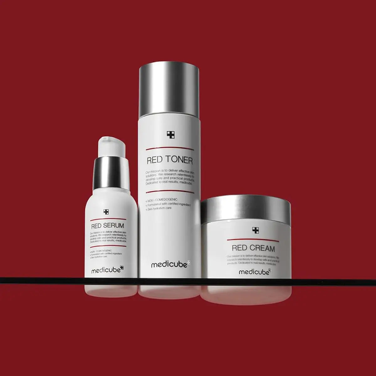 Medicube Red Series skincare products on a red background