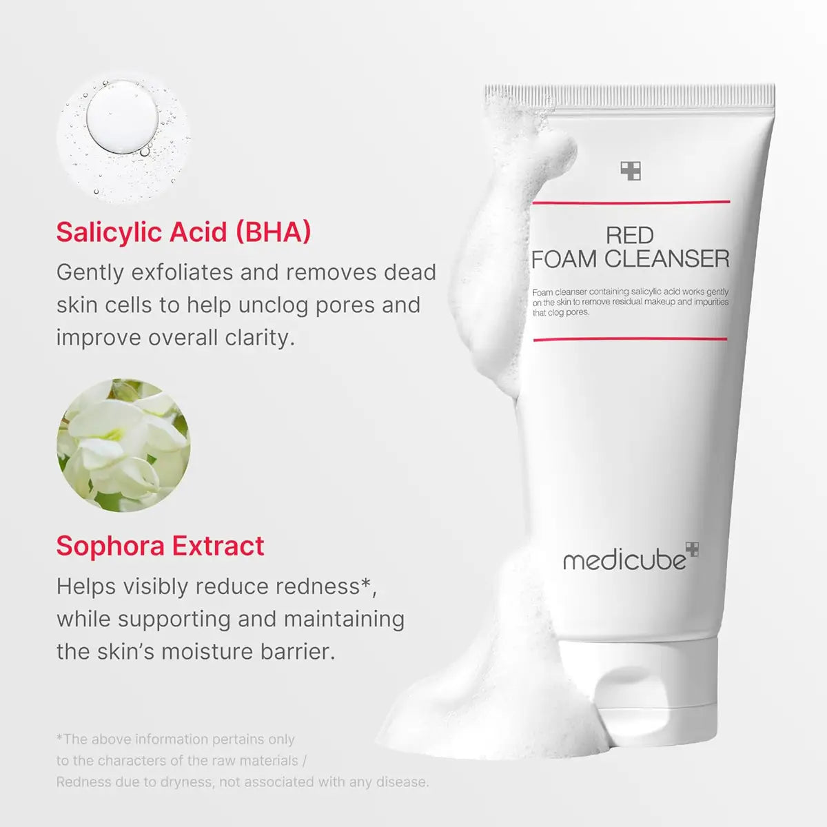 Tube of Red Foam Cleanser with Salicylic Acid and Sophora Extract on a white background