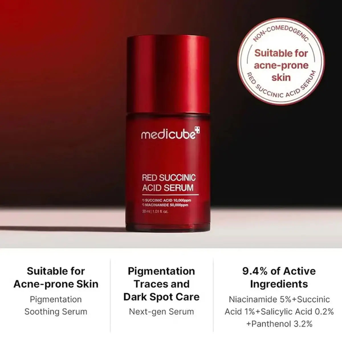 Red succinic acid serum bottle with Medicube branding on a dark background