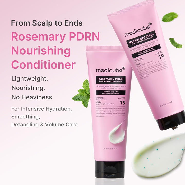 Pink tubes of Medicube Rosemary PDRN Nourishing Conditioner with text on a white background