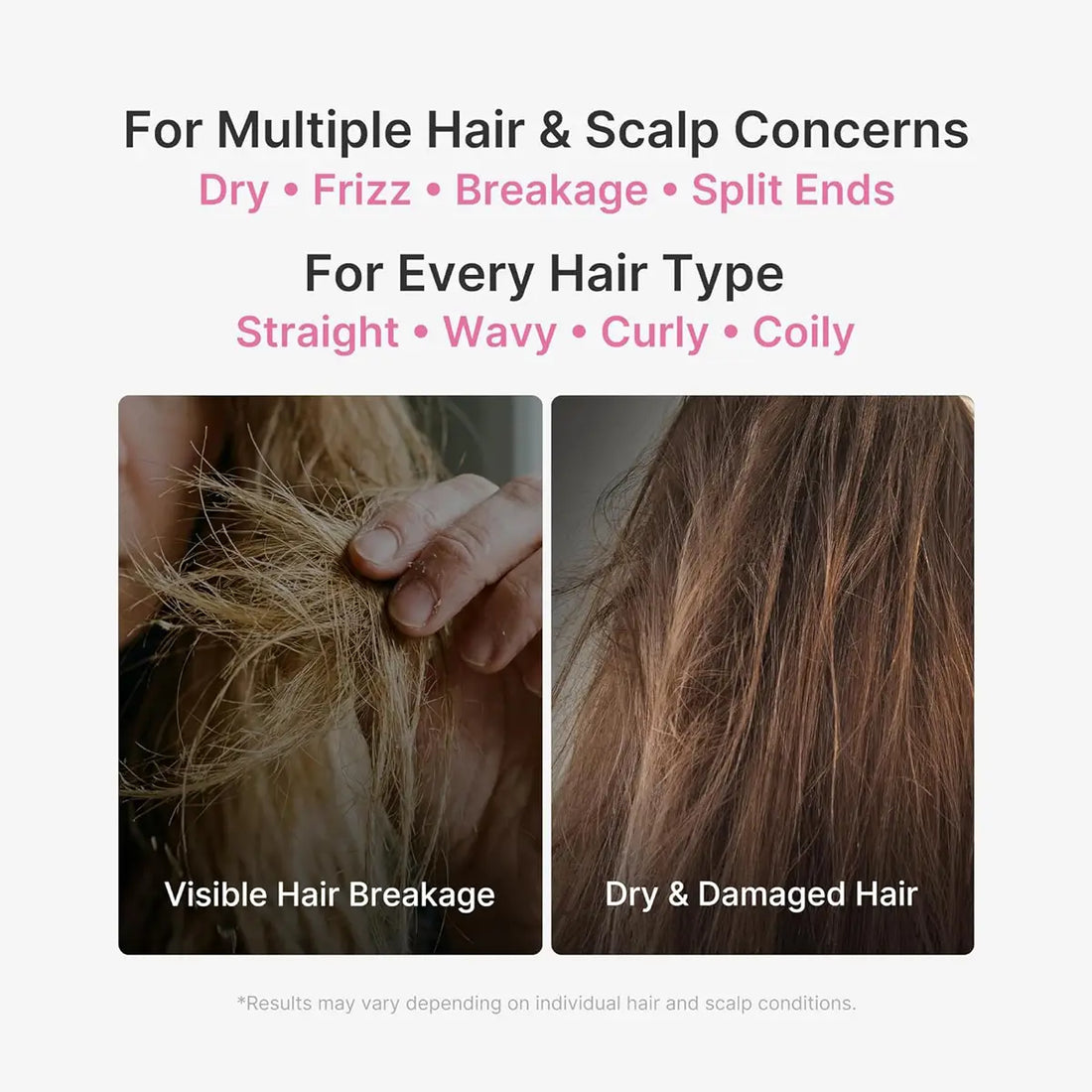 Advertisement for hair and scalp care product targeting dry, frizzy, breakage, and split ends with images of hair issues.