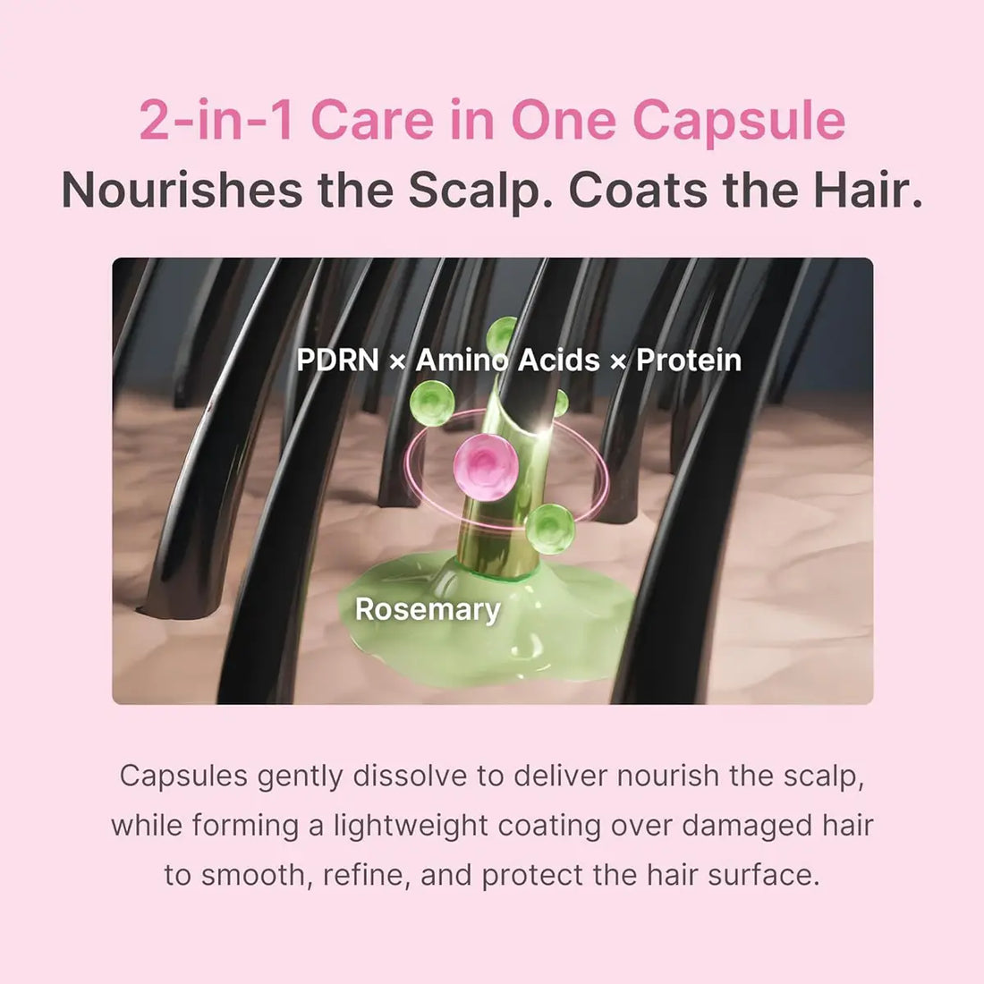 Hair care product with text about scalp nourishment and hair coating on a pink background