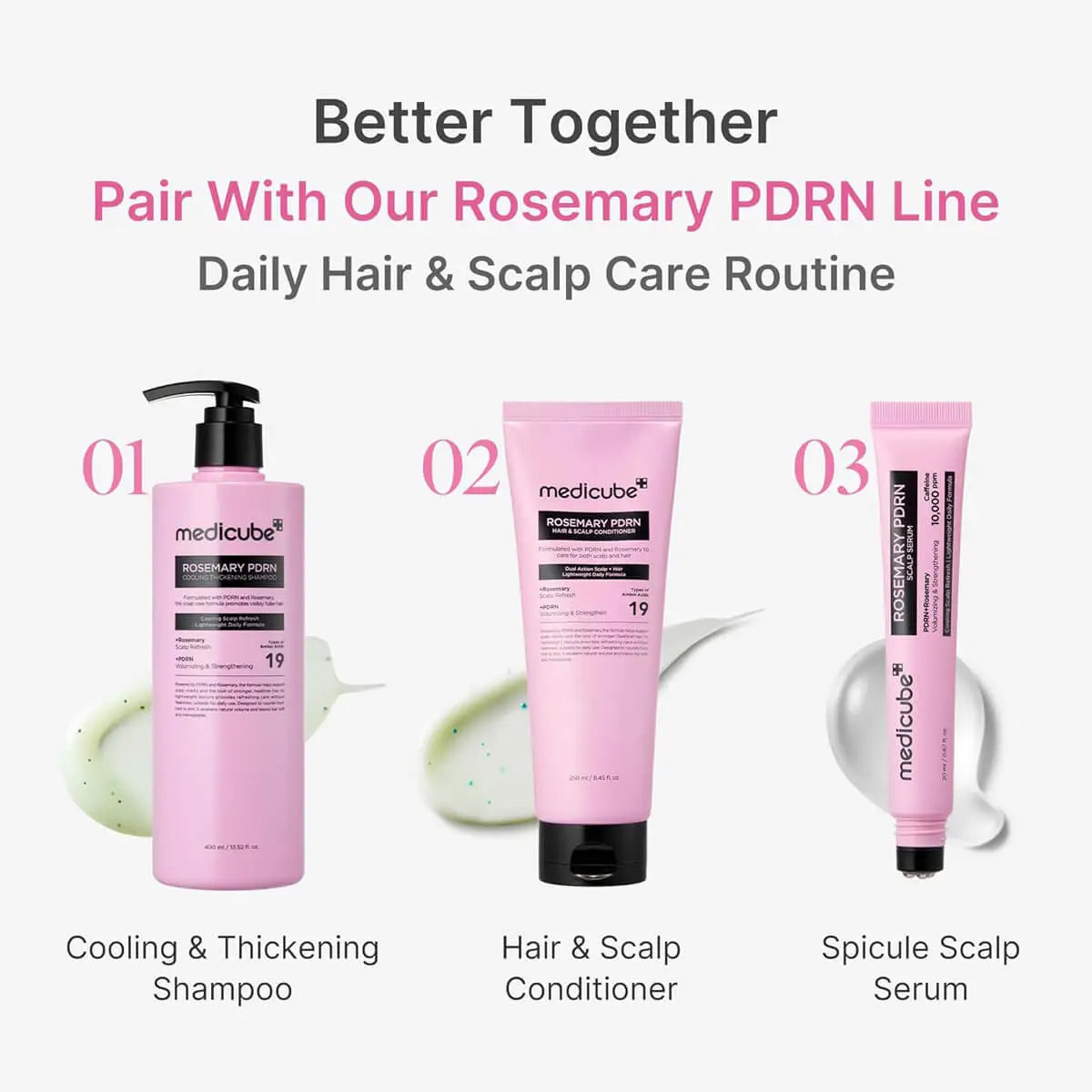 Three pink hair care products with labels on a white background, promoting a daily hair and scalp care routine.