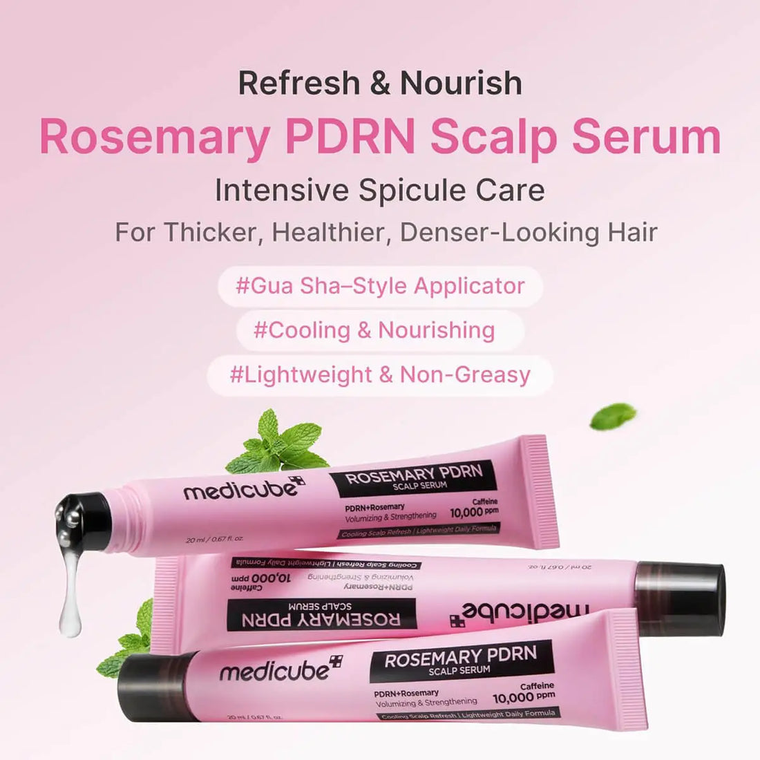 Rosemary PDRN Scalp Serum packaging with text on a pink background