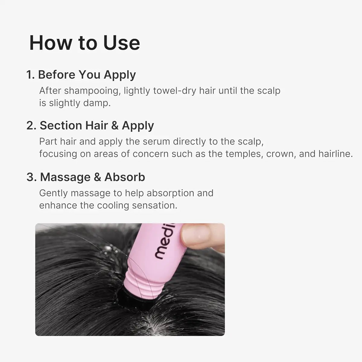 Instructions on how to use a scalp serum with a pink bottle, shown on a white background.