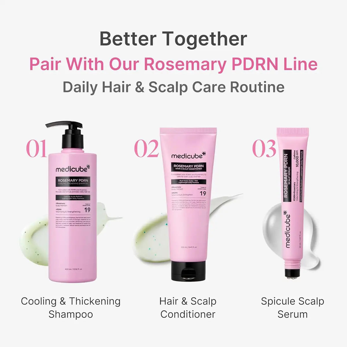 Three pink hair care products with labels on a white background, promoting a daily hair and scalp care routine.