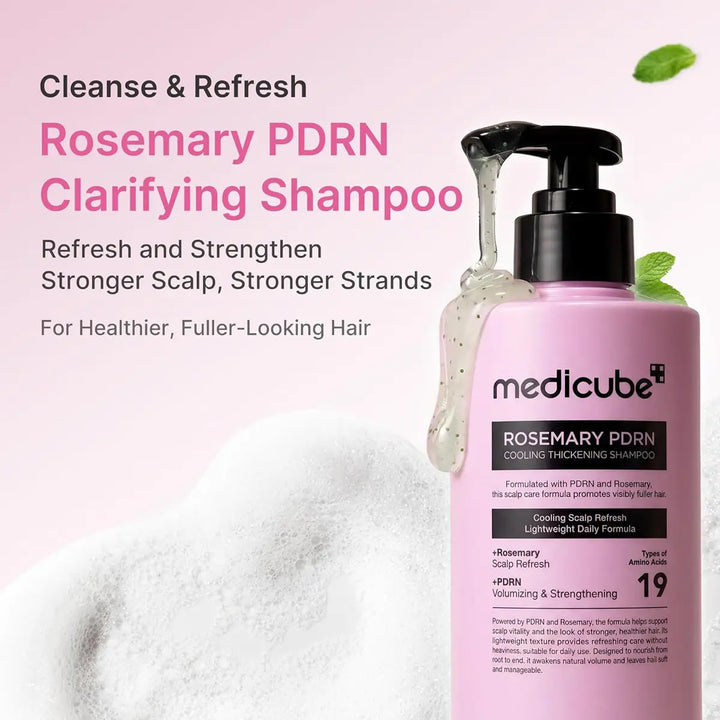 Pink shampoo bottle with text on a pink background