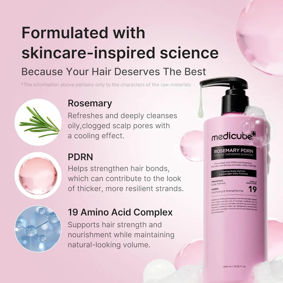 Pink hair care product with text on skincare-inspired science and benefits on a pink background