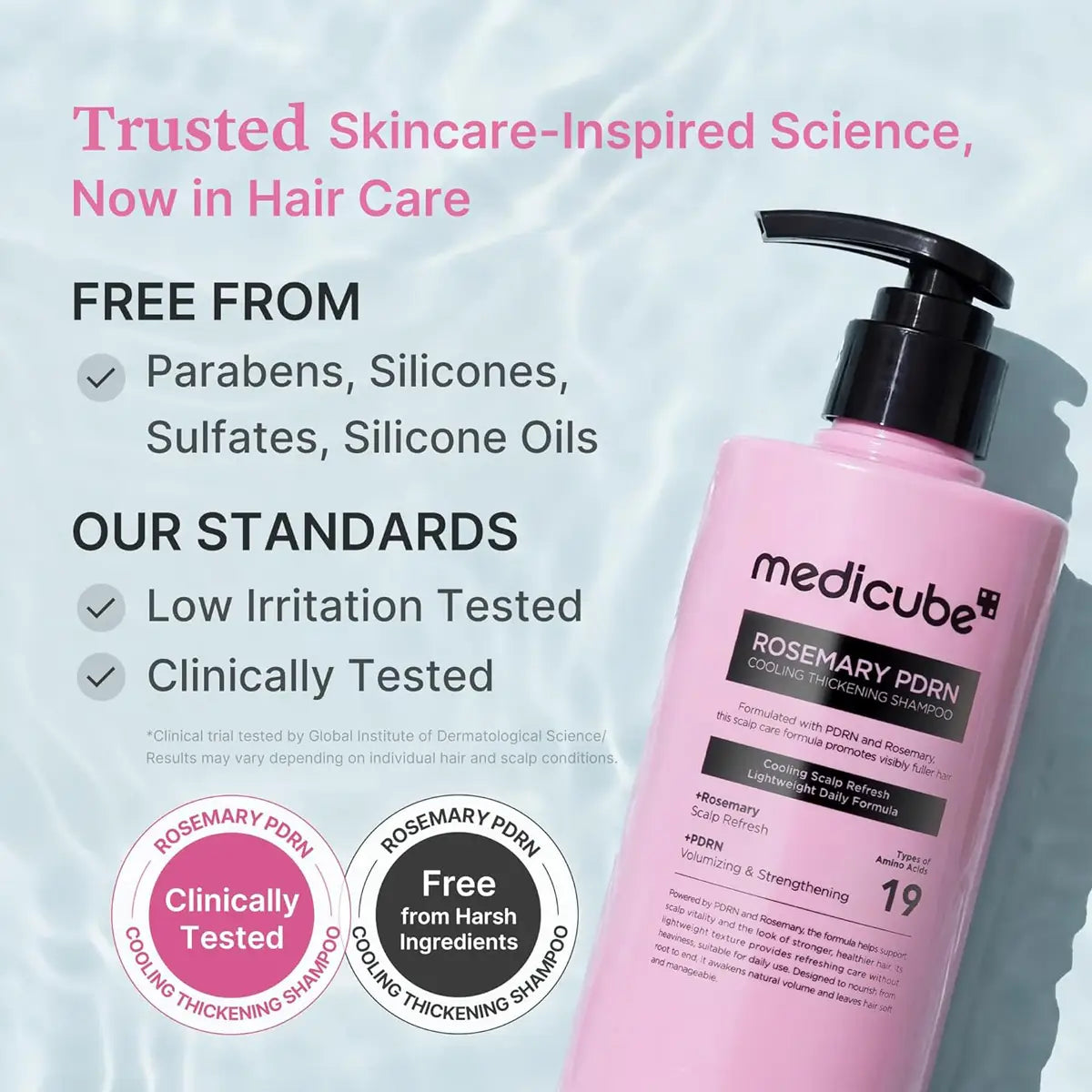 Pink shampoo bottle with text highlighting skincare-inspired science and product features on a light blue background
