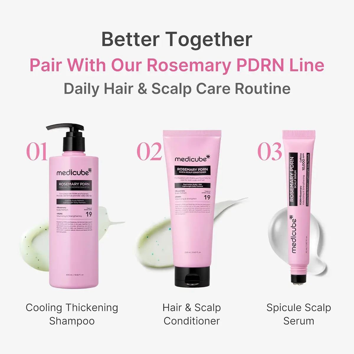 Three pink hair care products with labels on a white background, promoting a daily hair and scalp care routine.