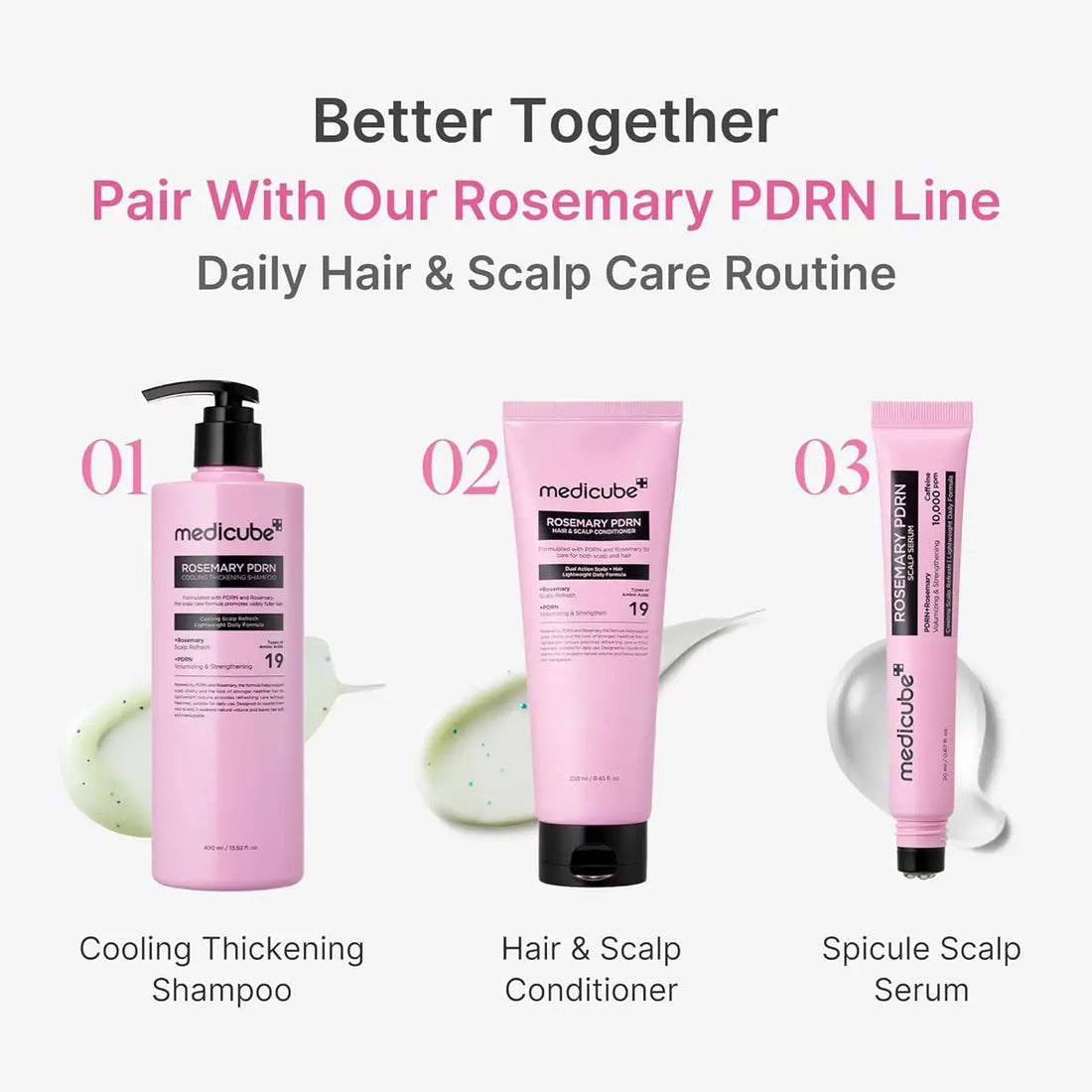 Three pink hair care products with labels on a white background, promoting a daily hair and scalp care routine.