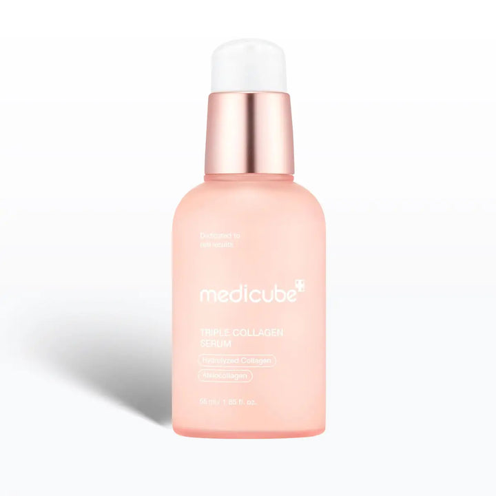 Medicube Triple Collagen Serum bottle with white cap on a light gray background