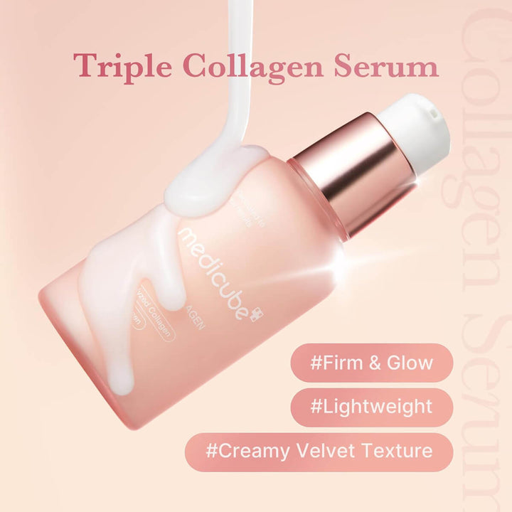 Triple Collagen Serum bottle with droplet effect on a pink background