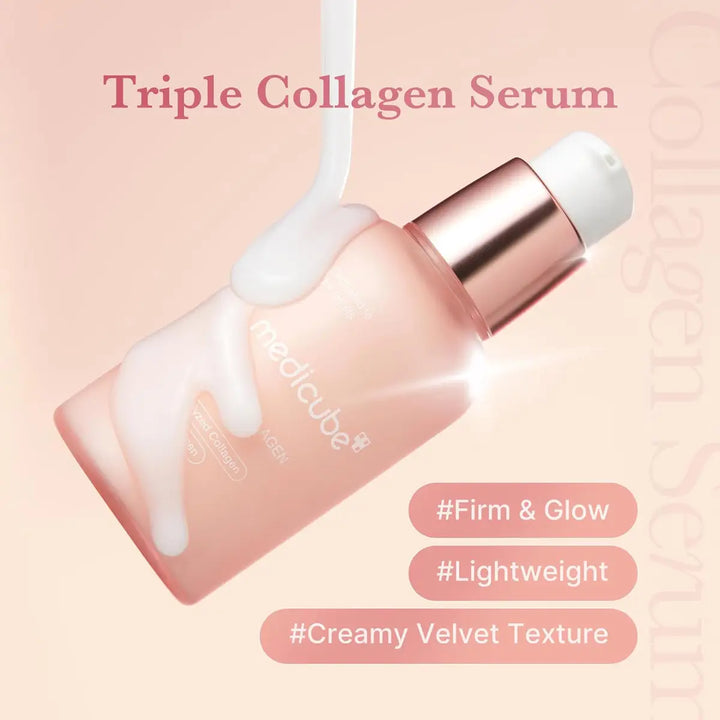 Medicube Triple Collagen Serum bottle with serum dripping, on a light pink background.