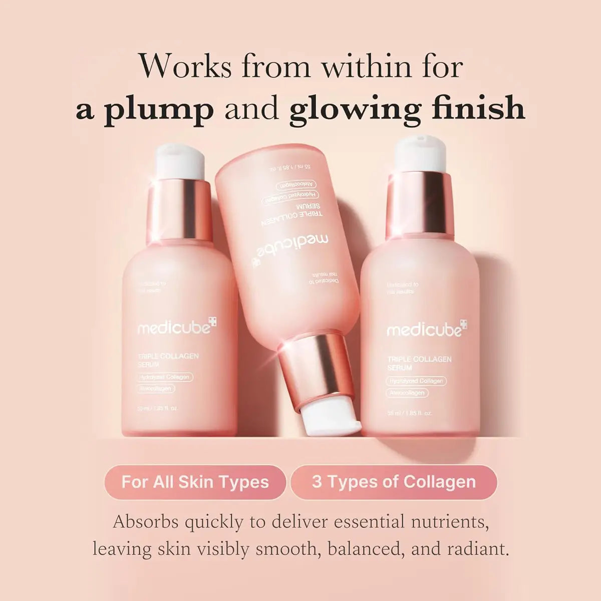 Three pink skincare bottles with rose gold caps on a light pink background, featuring text about skincare benefits.