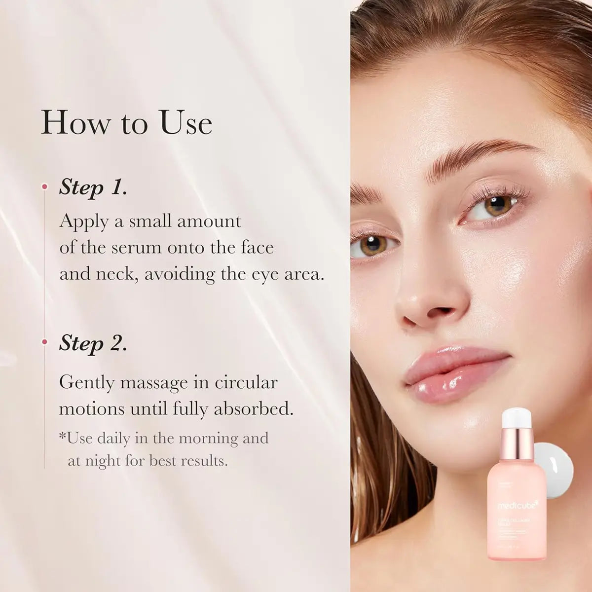 Cosmetic serum bottle with application instructions on a light background