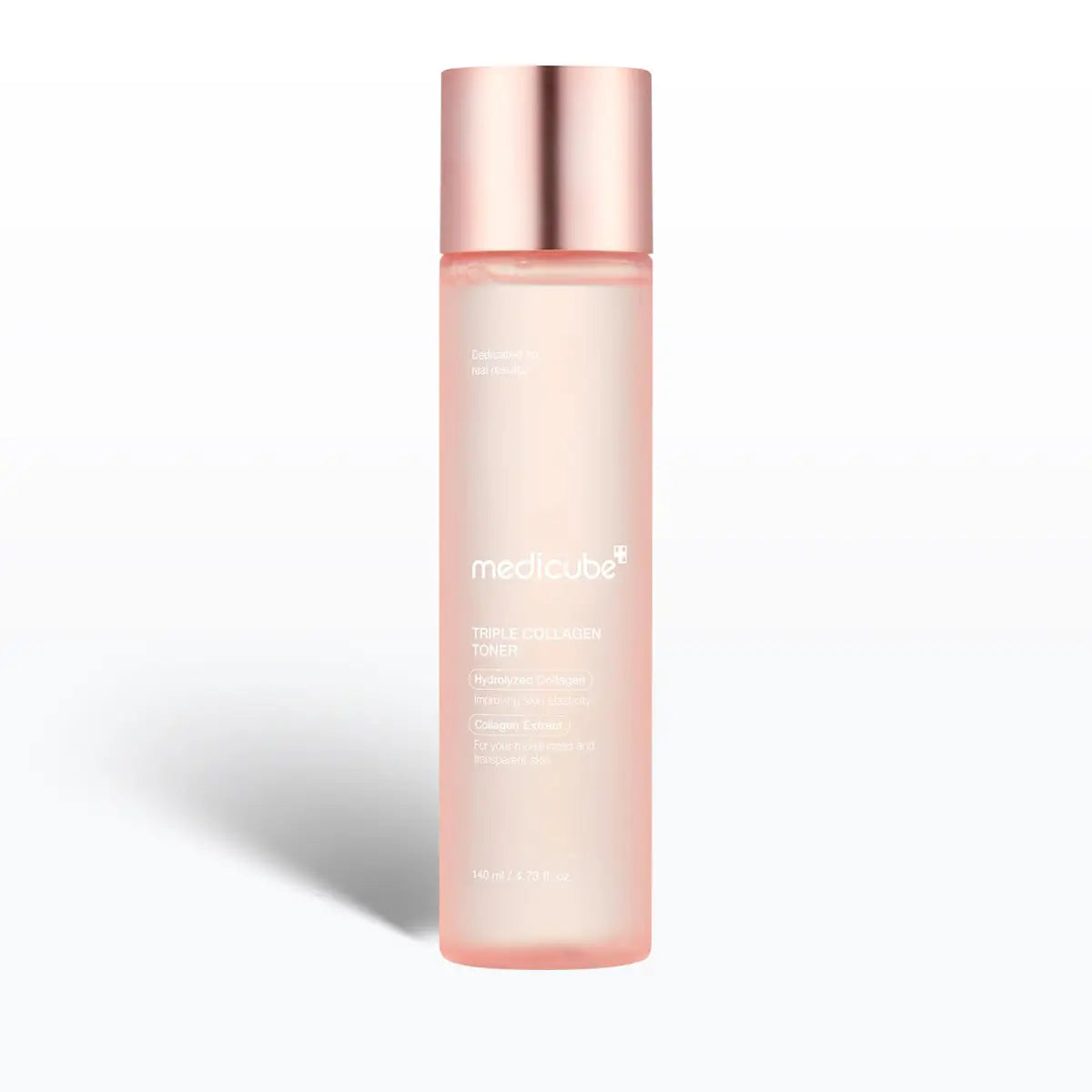 Medicube Triple Collagen Toner bottle with rose gold cap on a white background