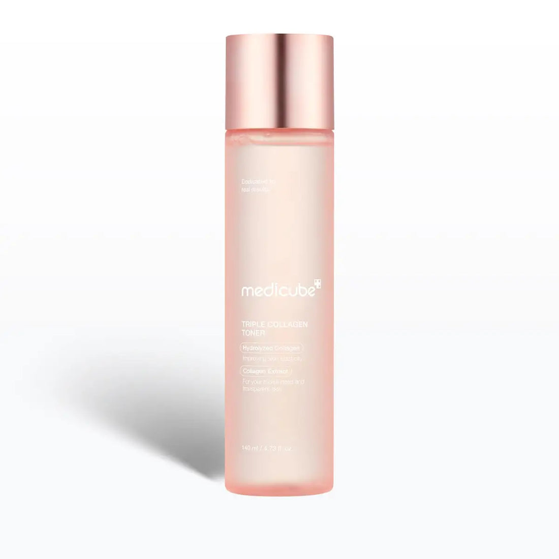 Medicube Triple Collagen Toner bottle with rose gold cap on a white background