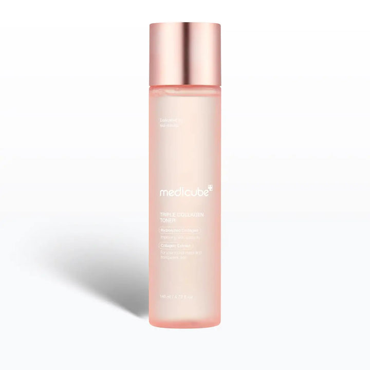 Medicube Triple Collagen Toner bottle with rose gold cap on a white background