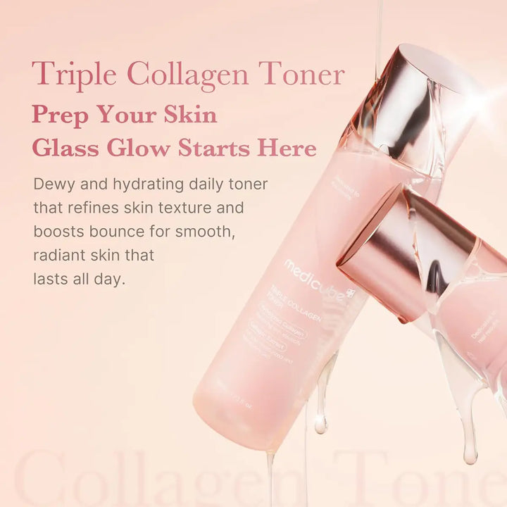 Medicube Triple Collagen Toner bottle with text about triple collagen toner on a light pink background