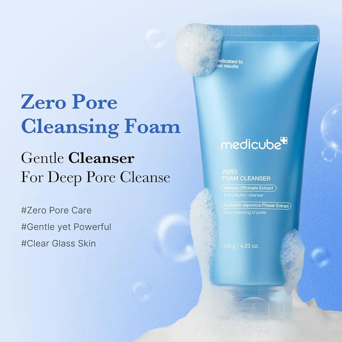 Medicube Zero Pore Cleansing Foam with text on a blue background