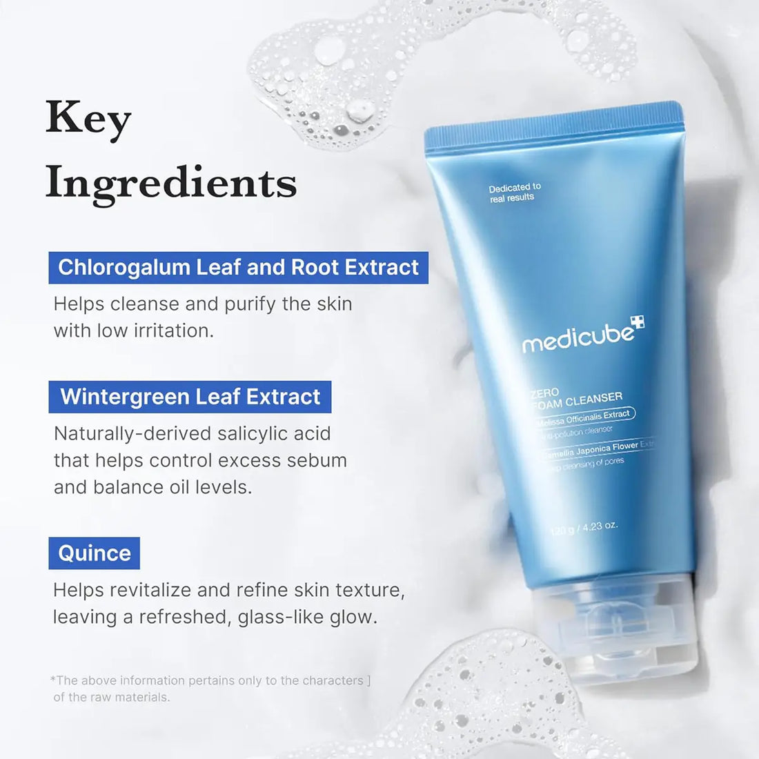 Blue skincare tube with key ingredients listed on a white background