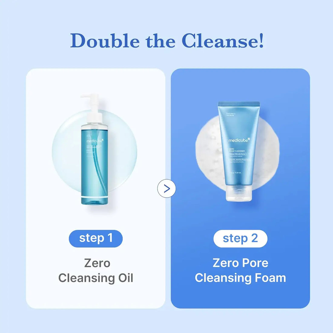 Two skincare products with step-by-step instructions on a blue background
