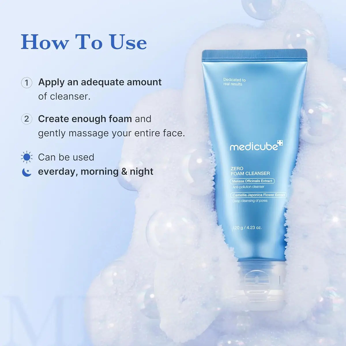 Medicube Zero Foam Cleanser tube with usage instructions on a blue background