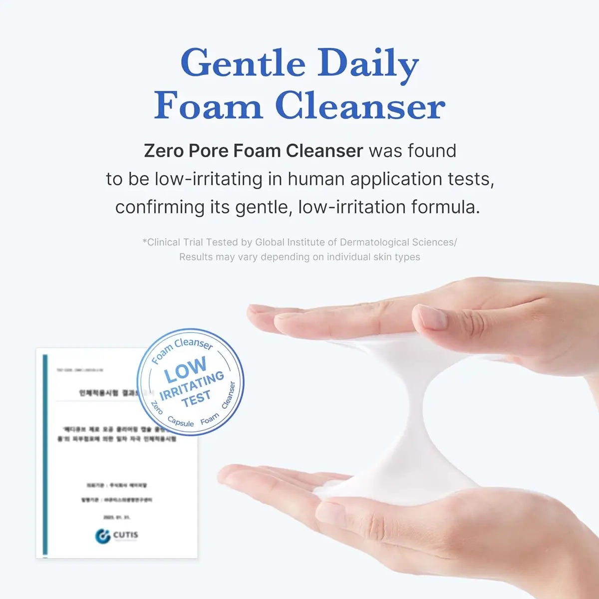 Gentle Daily Foam Cleanser with hands holding the cleanser and a certification badge on a white background.