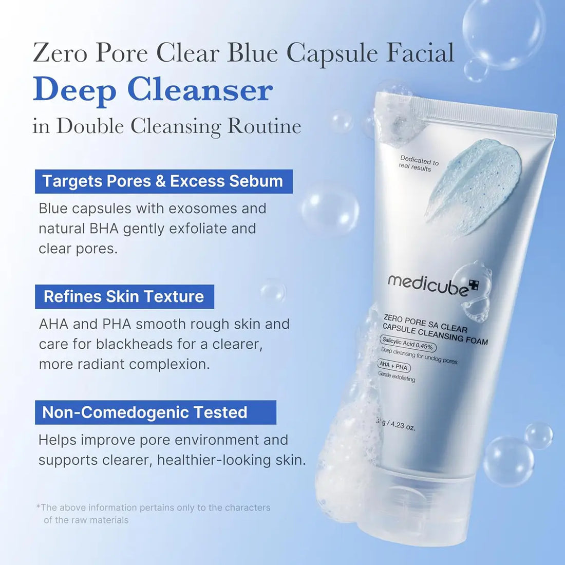 Tube of medicube Zero Pore Clear Blue Capsule Facial Deep Cleanser on a blue background with product details.