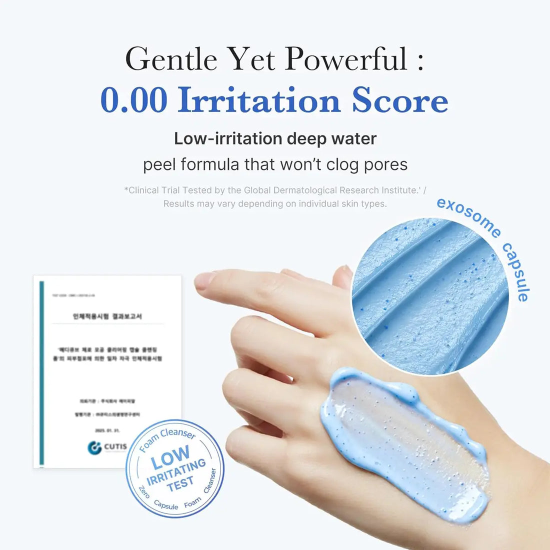 Product packaging with exosome capsule and hand applying blue gel, labeled 'Gentle Yet Powerful' with irritation score.