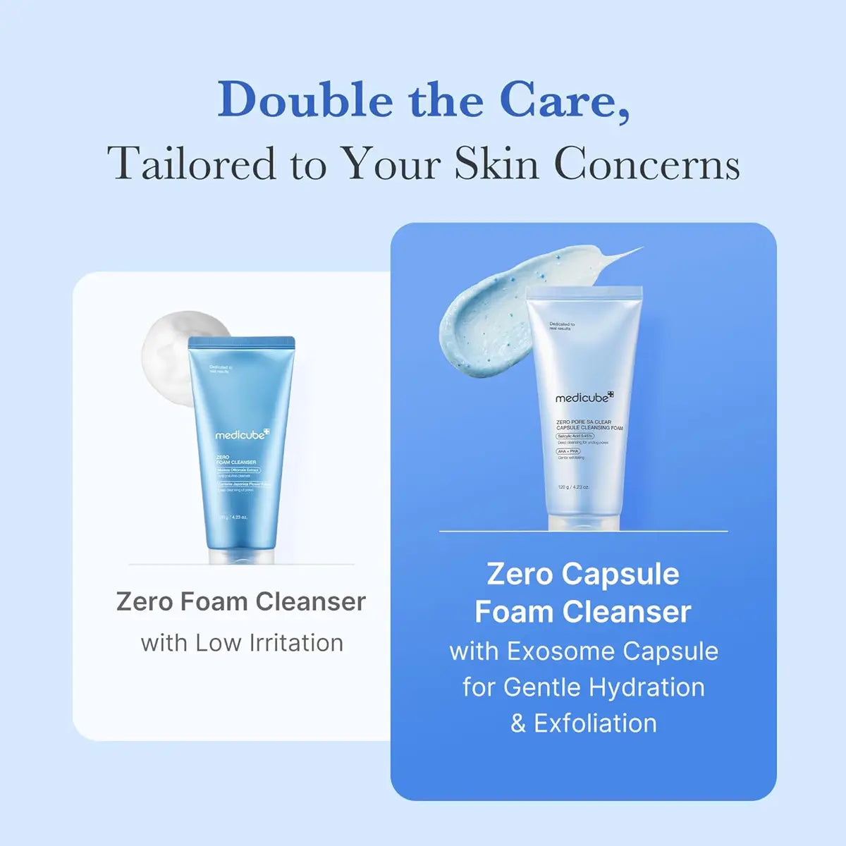 Two skincare products with text about skin care concerns on a blue background