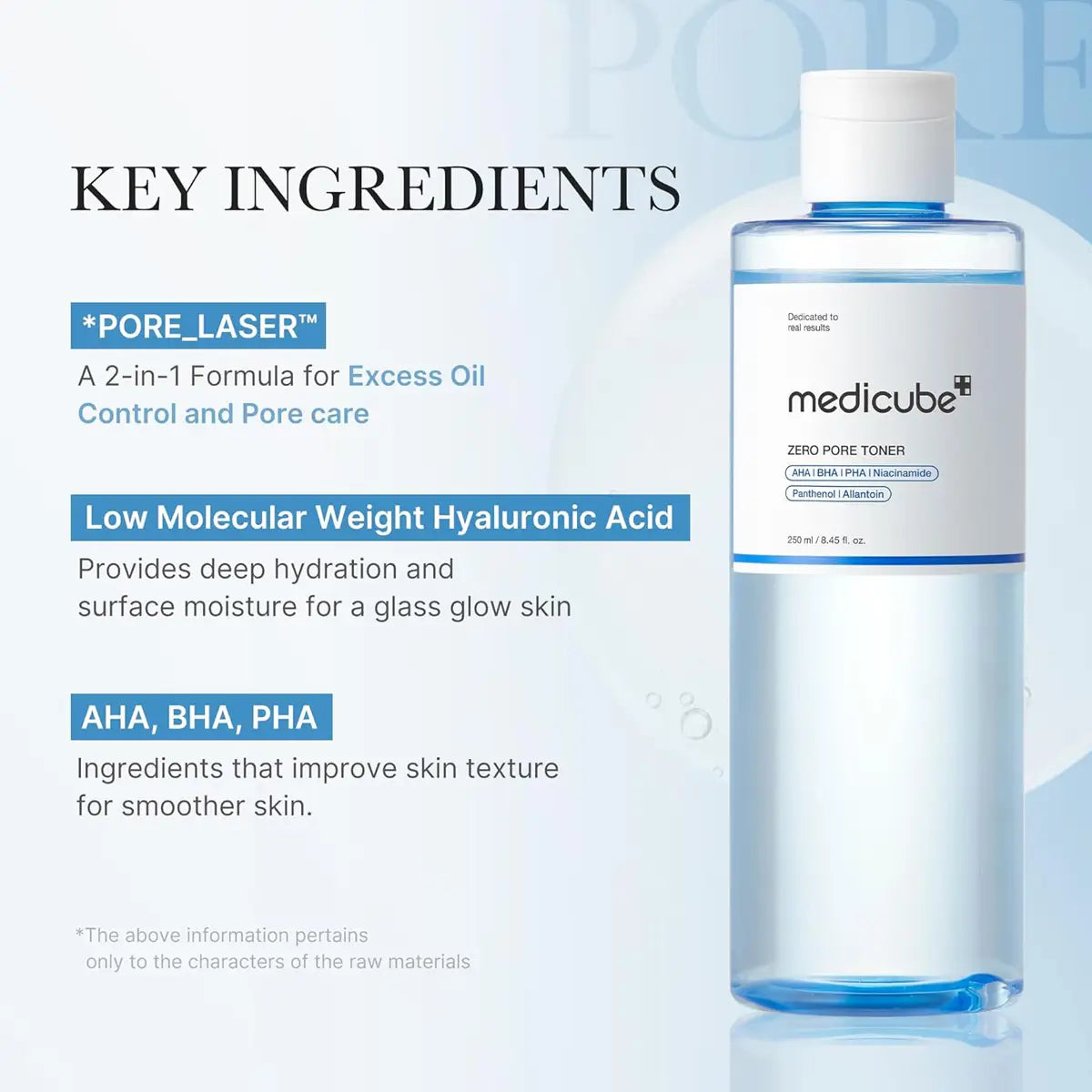 Medicube toner bottle with key ingredients listed on a light blue background