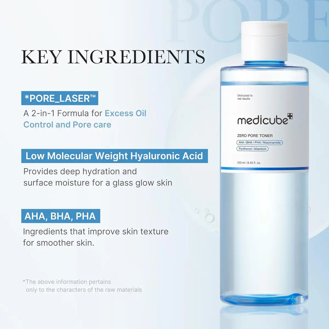 Medicube toner bottle with key ingredients listed on a light blue background