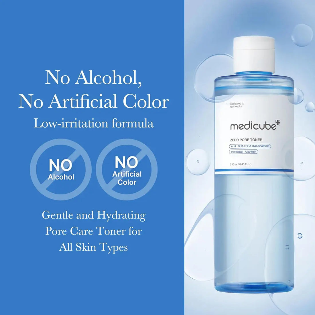 Medicube toner bottle with blue background and text about product features.