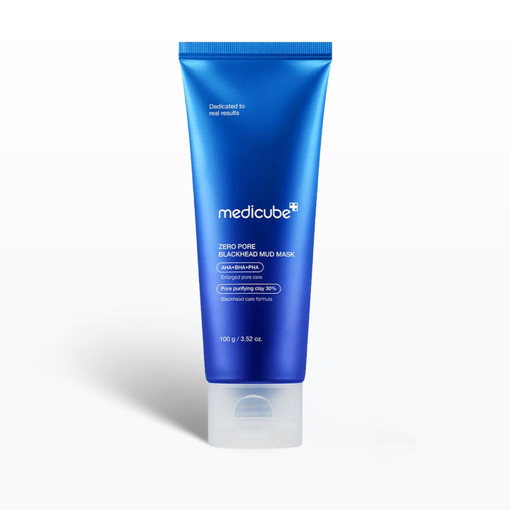 Blue tube of Medicube Zero Pore Relaxing Mud Mask on a white background