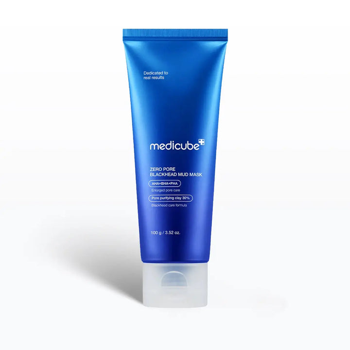 Blue tube of Medicube Zero Pore Blackhead Mud Mask on a white background