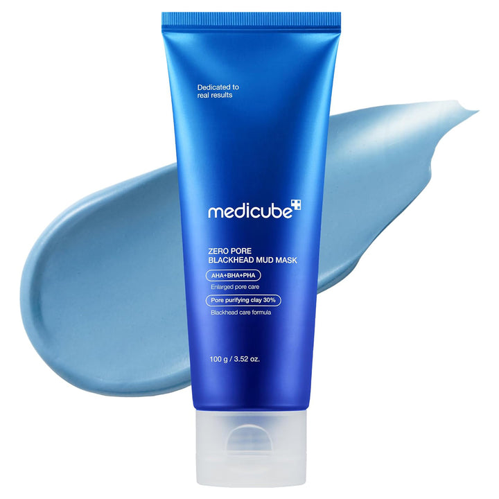 Blue tube of Medicube Zero Pore Blackhead Mud Mask on a white background