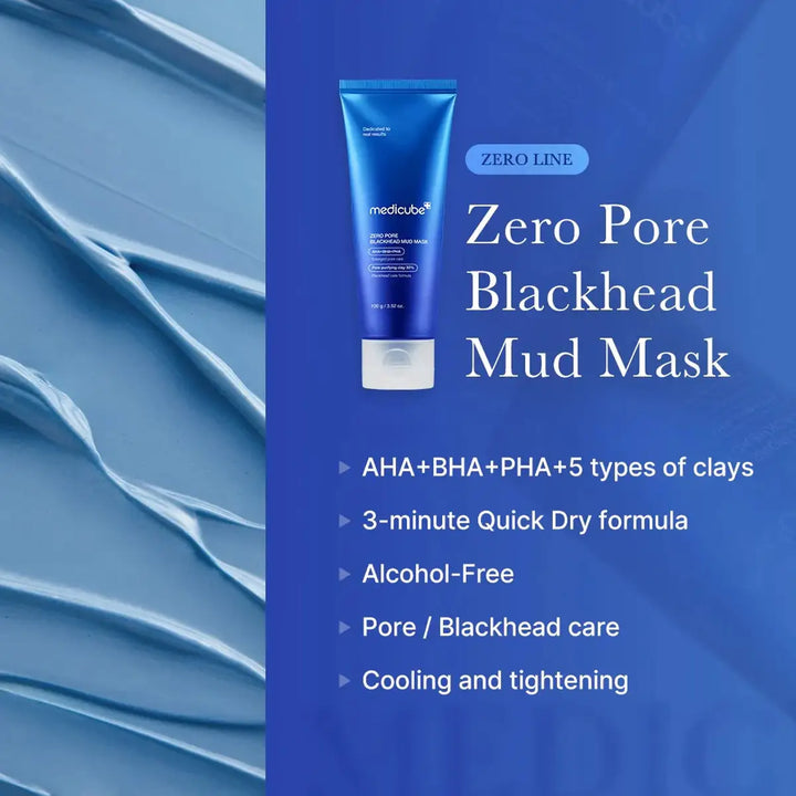 Medicube Zero Pore Blackhead Mud Mask packaging with features on a blue background