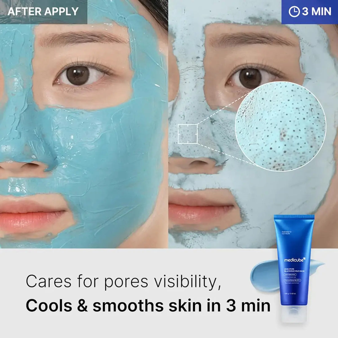 Woman applying a blue facial mask with close-up details and a tube of the product.