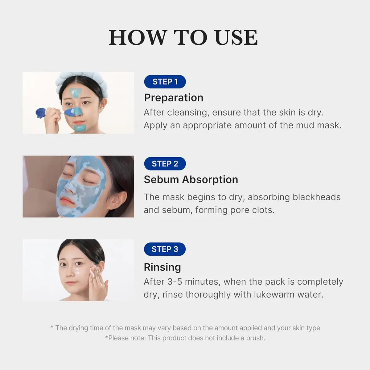 Instructions on how to use a mud mask with step-by-step guidance.