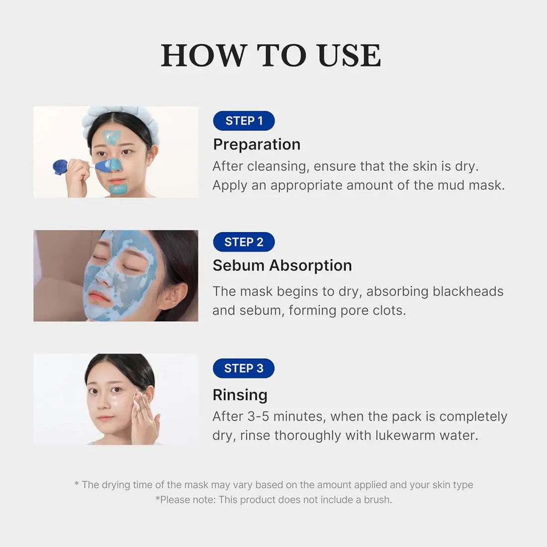 Instructions on how to use a mud mask with step-by-step guidance.