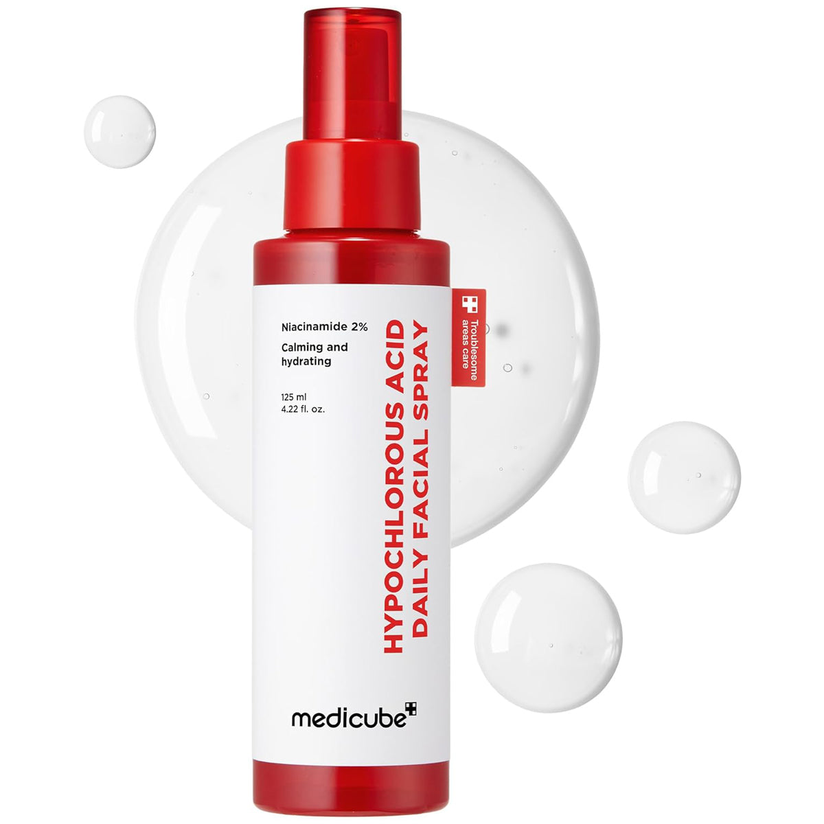 Hypochlorous Acid Daily Facial Spray bottle with red nozzle and white label on a white background