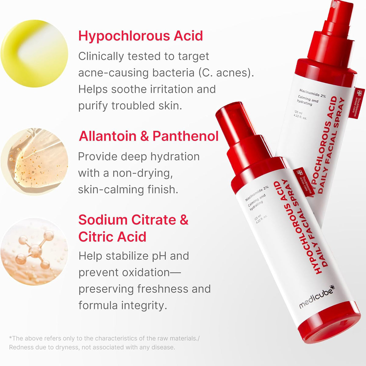 Two red and white bottles of a facial spray with text about its ingredients on a white background.