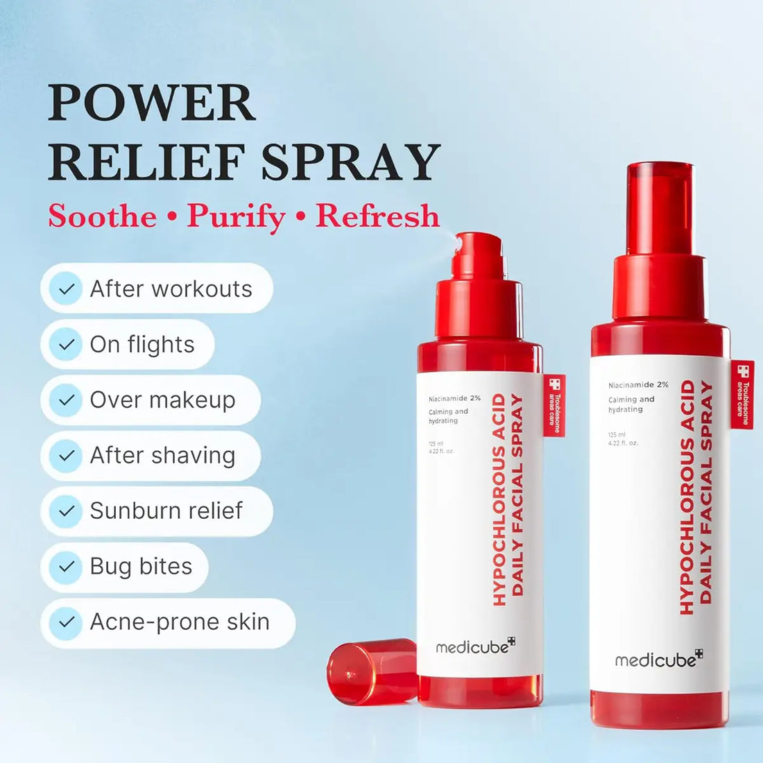 Two red and white bottles of medicube power relief spray on a light blue background with text listing uses.