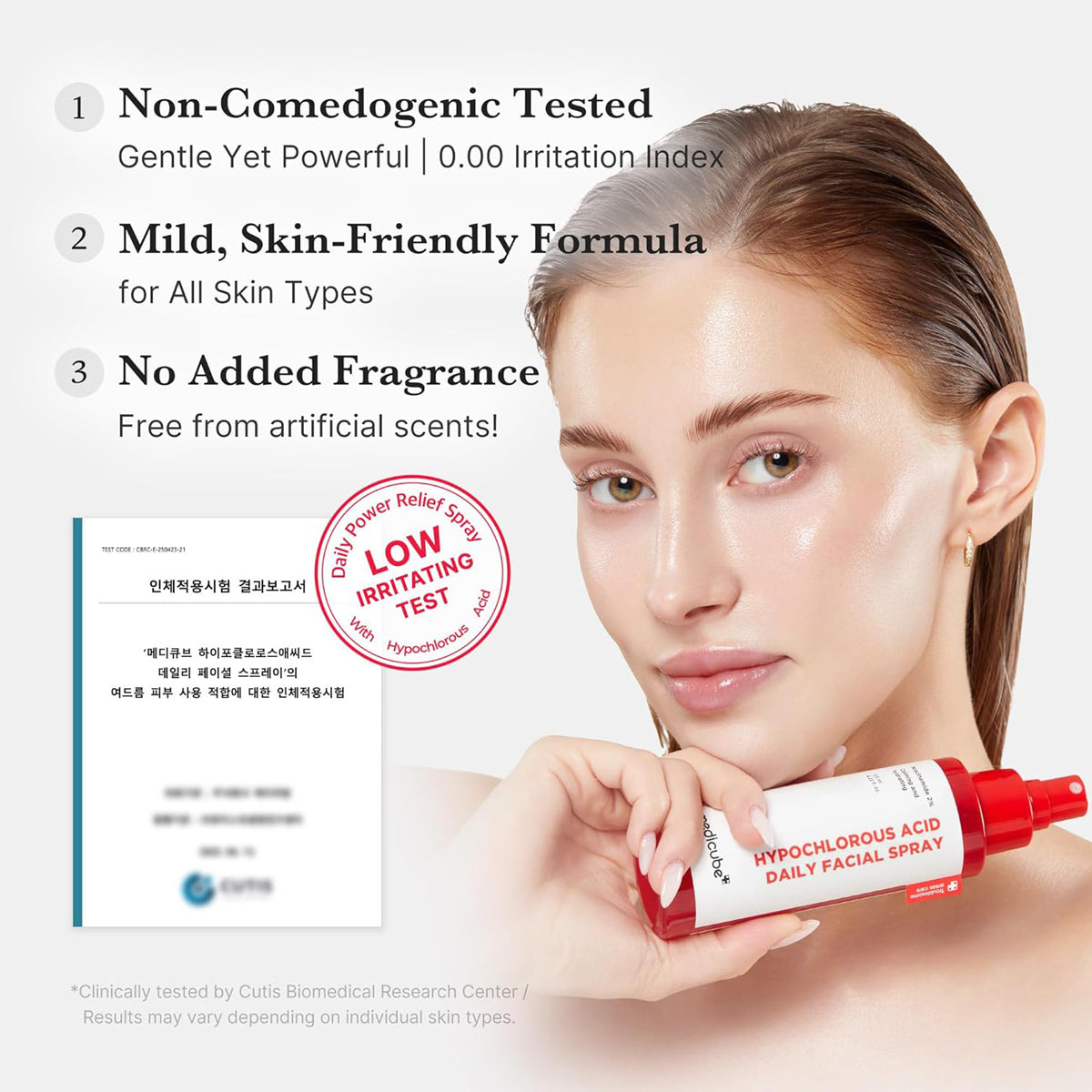 Woman holding a facial spray with product features listed on the left.