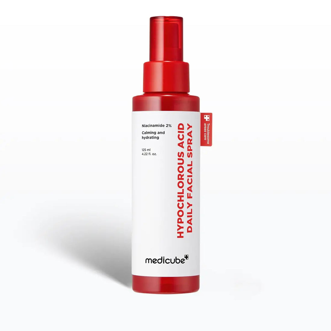 Medicube Hypochlorous Acid Daily Facial Spray bottle with red cap on a white background