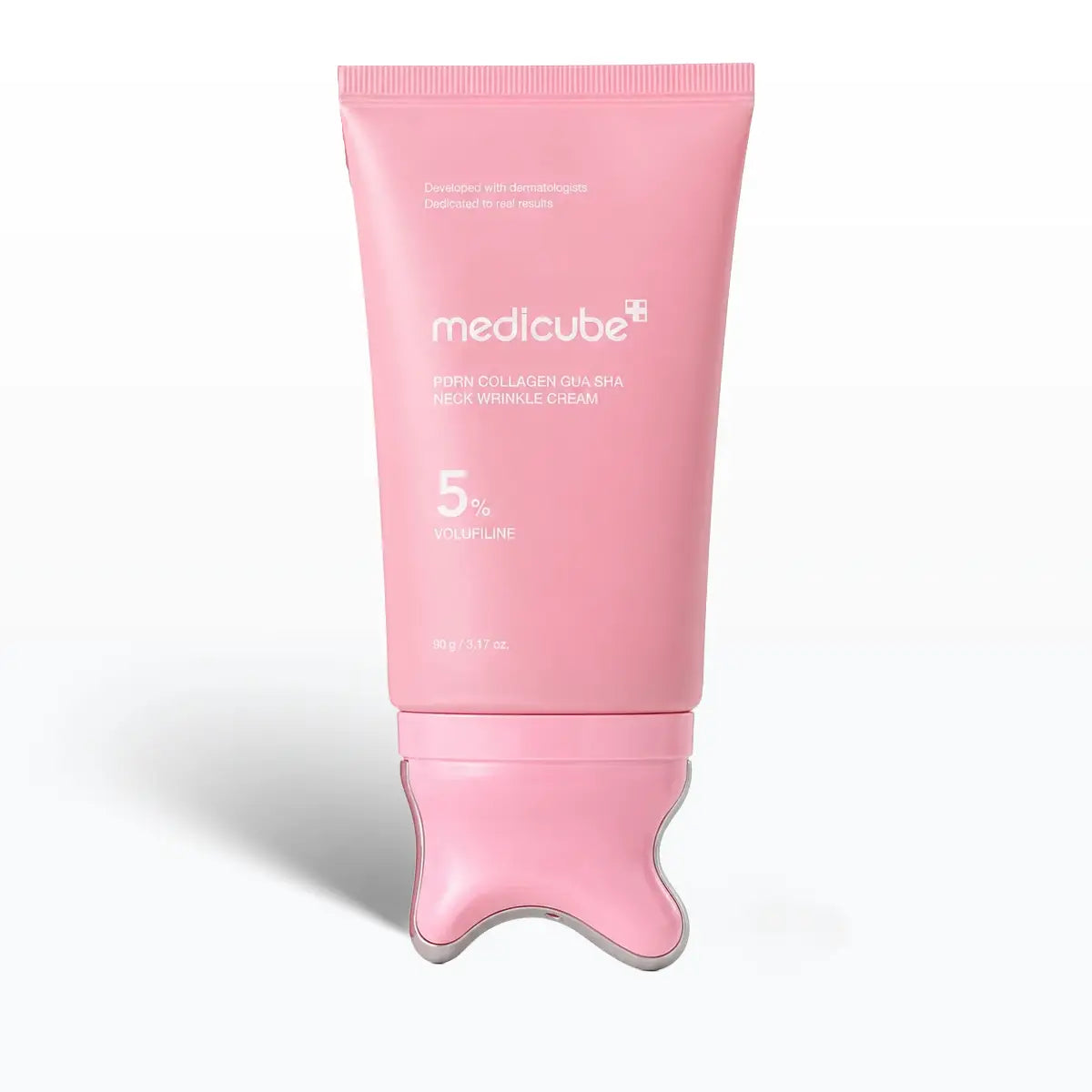 A pink squeeze tube of medlicube+ Neck Wrinkle Cream, 5% Volume, standing upright on a white background with a soft shadow.