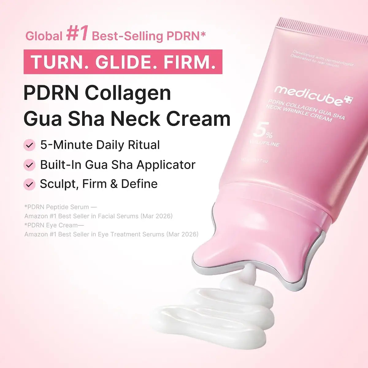 Pink Medicube PDRN Collagen Gua Sha Neck Cream tube with white cream shown dripping out on a light pink background, alongside promotional text and product benefits.