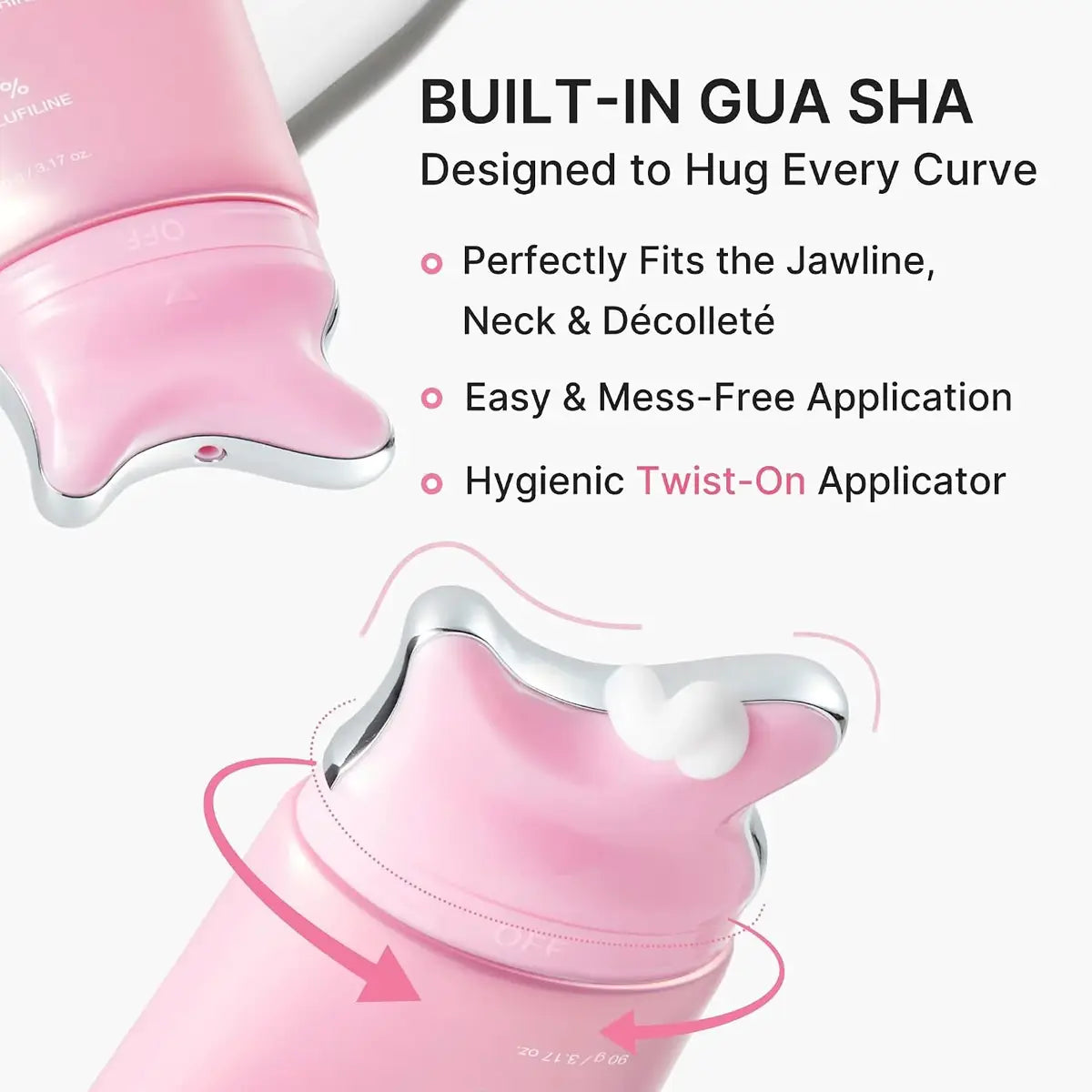Pink and silver Gua Sha facial massage device shown with promotional text on a white background, highlighting built-in GUA SHA design, jawline/neck/decolletage fit, easy mess-free application, and twist-on applicator.